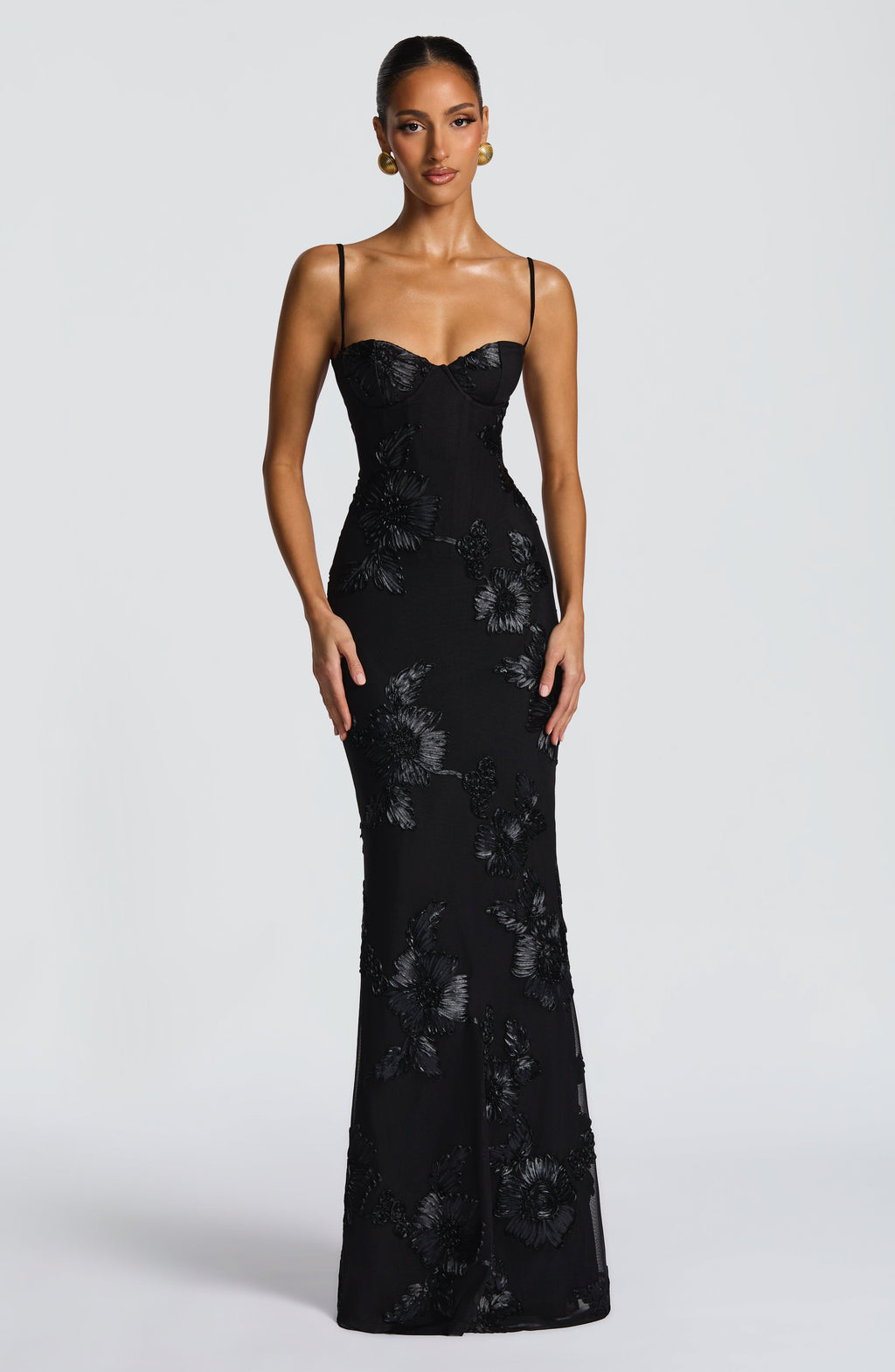 DALIA - Bodycon Flower Maxi Dress - Black