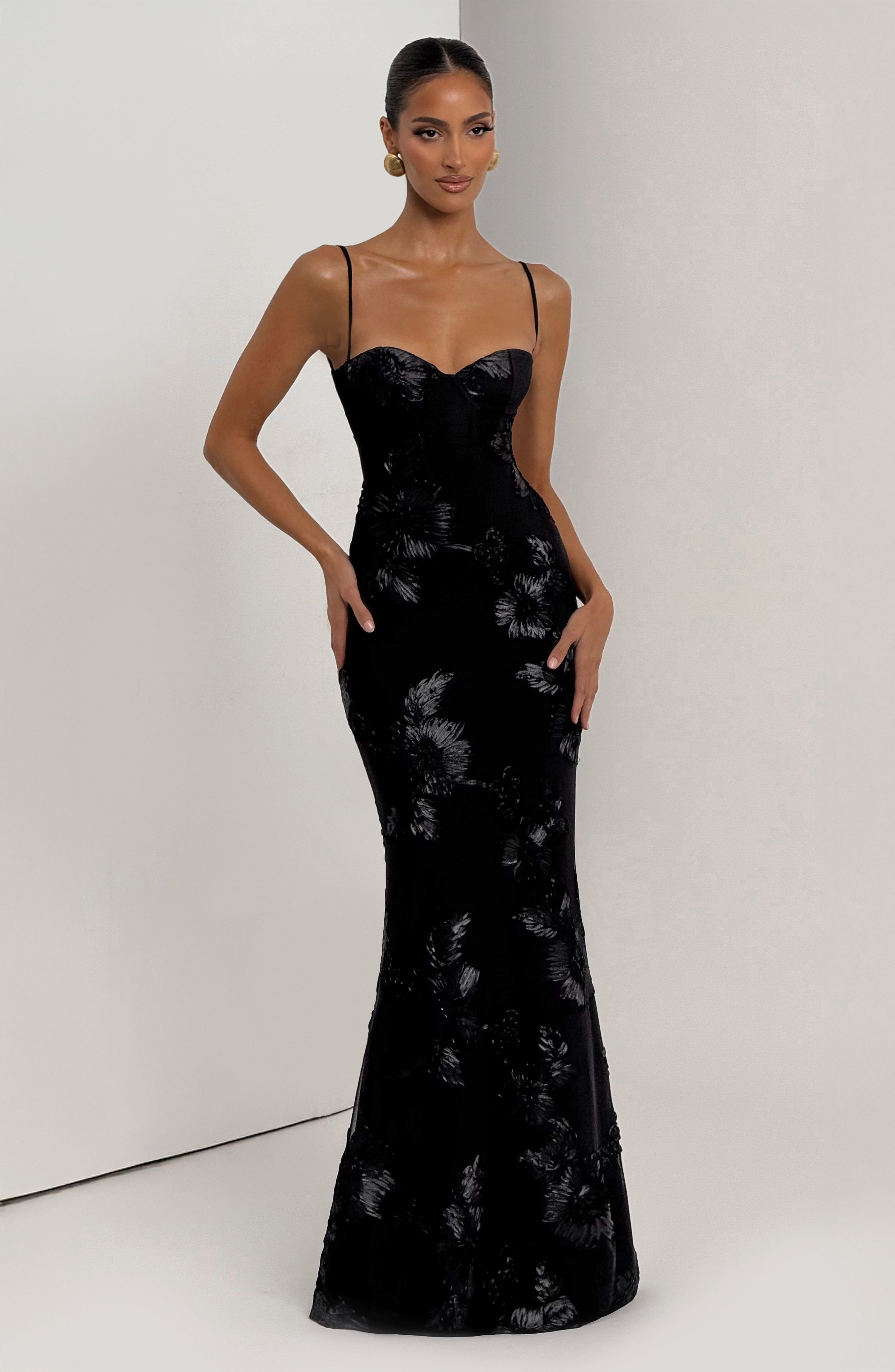 DALIA - Bodycon Flower Maxi Dress - Black