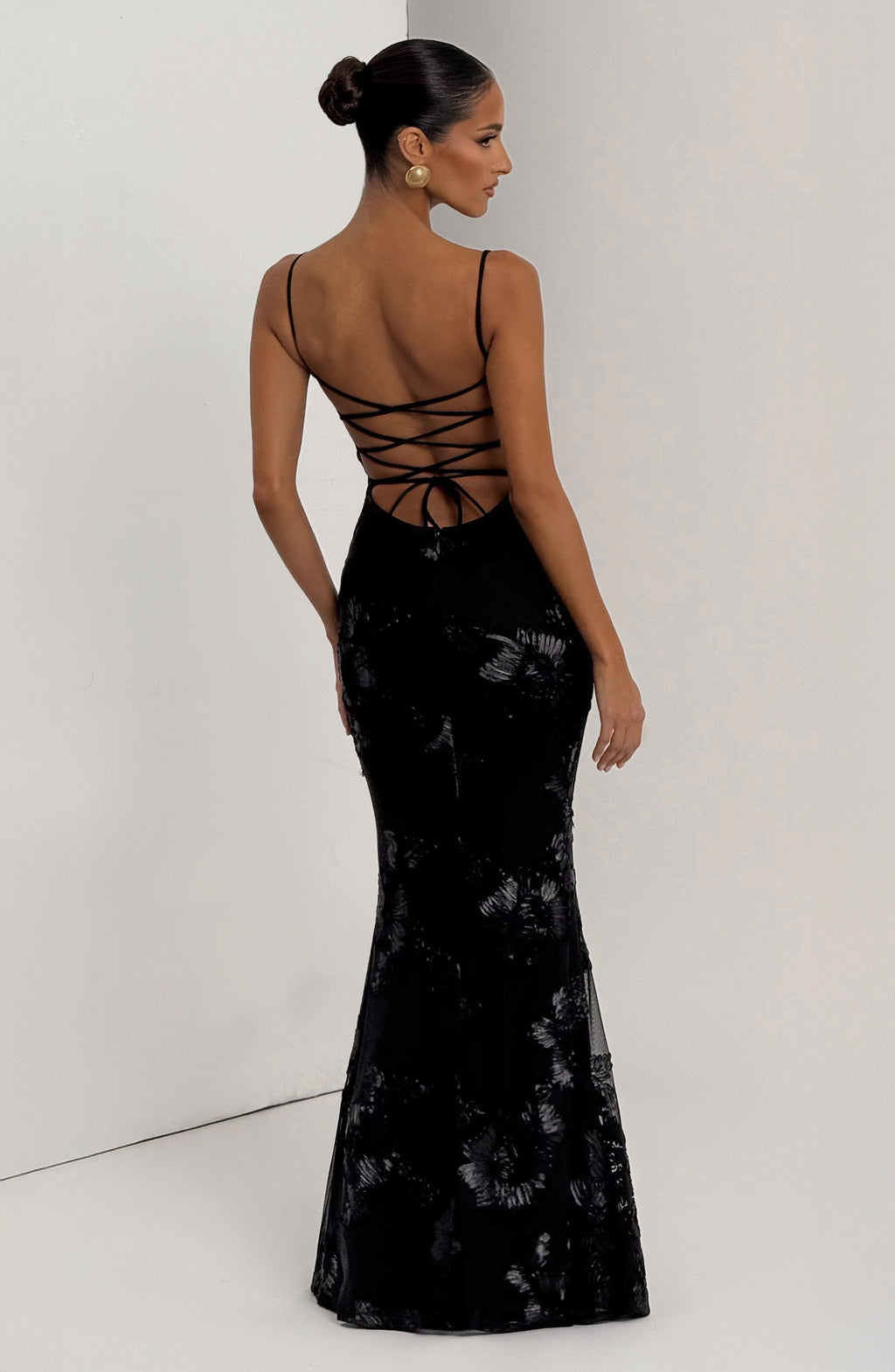 DALIA - Bodycon Flower Maxi Dress - Black
