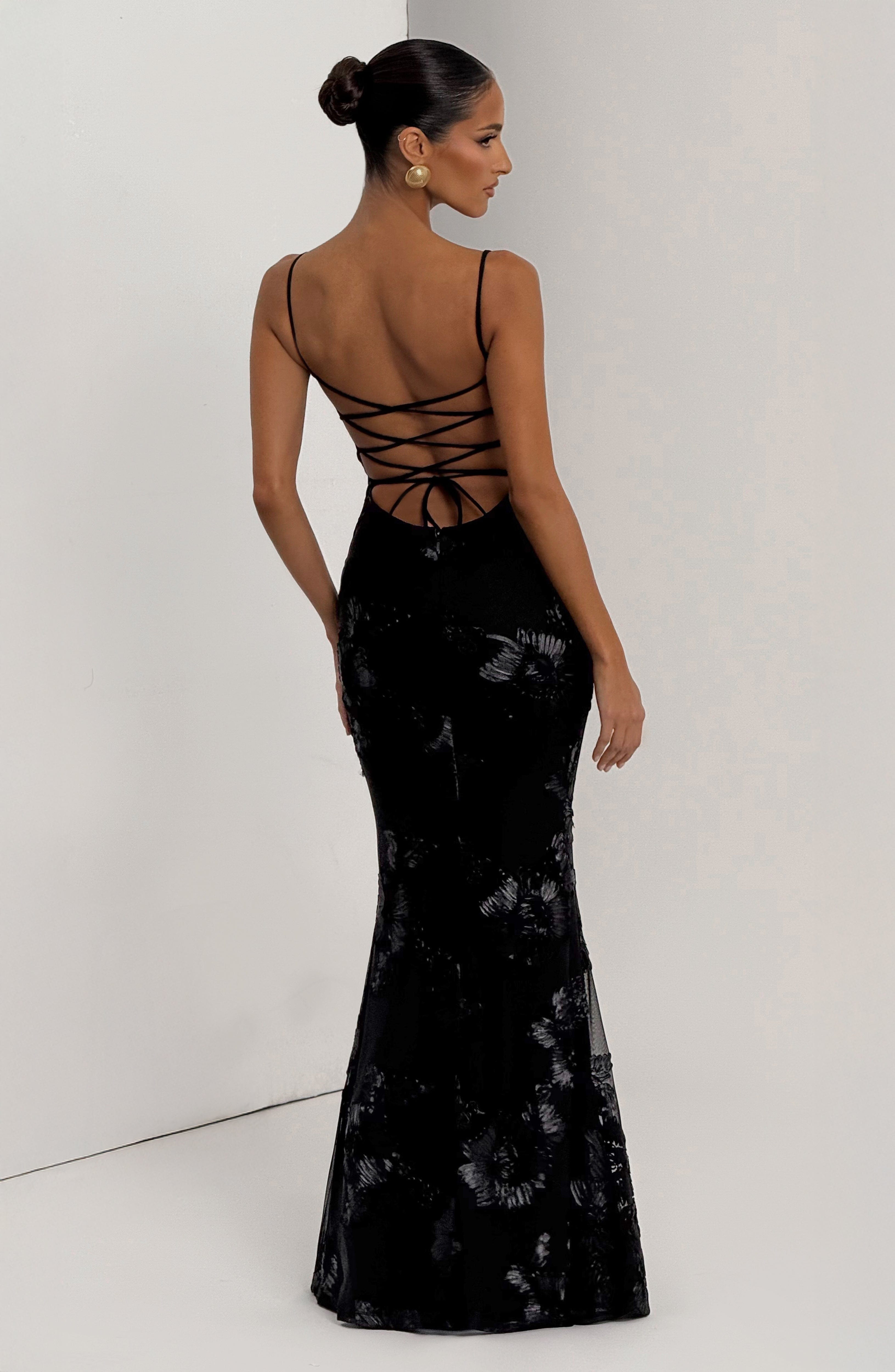 DALIA - Bodycon Flower Maxi Dress - Black