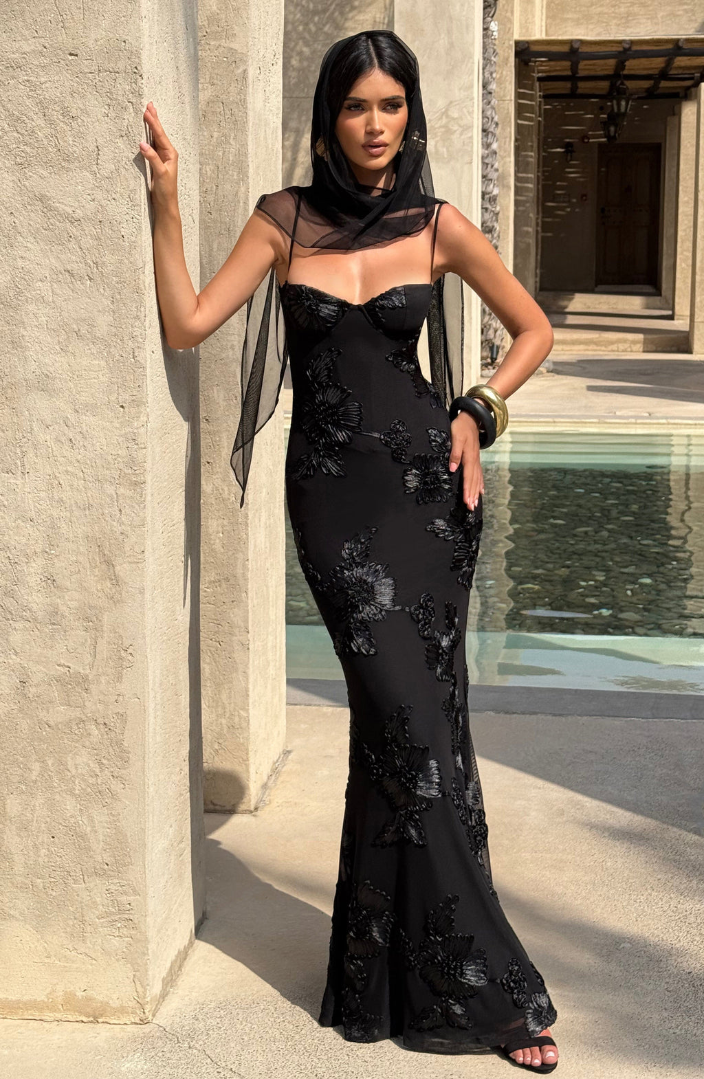 DALIA - Bodycon Flower Maxi Dress - Black