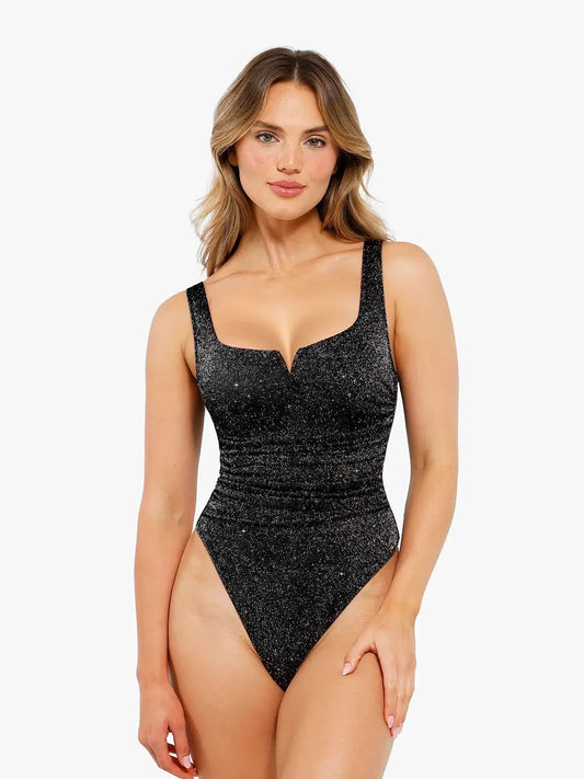 DALIA - Shapewear Ruched Metallic Knit Square Neck Slimming Bodysuit