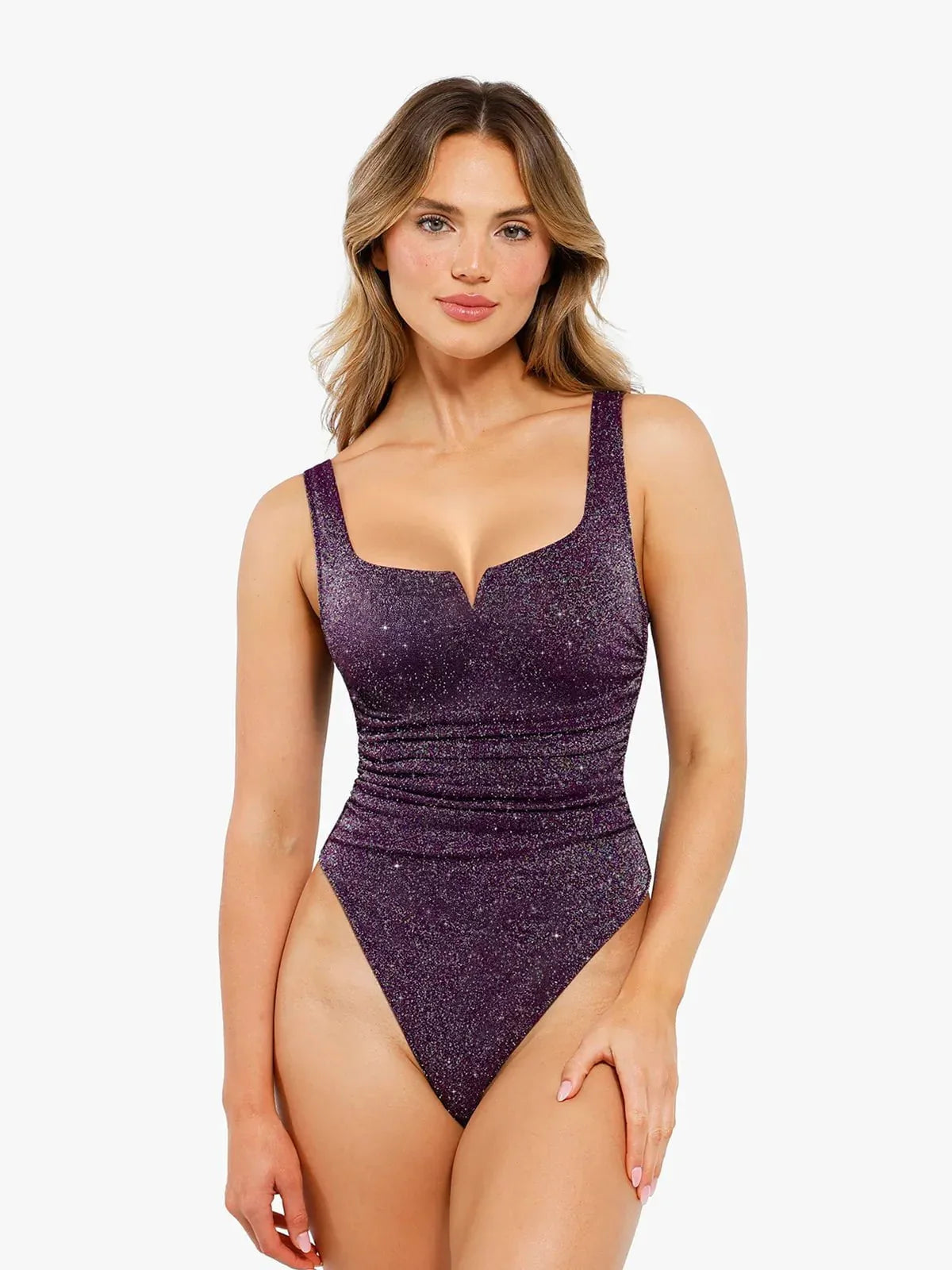 DALIA - Shapewear Ruched Metallic Knit Square Neck Slimming Bodysuit