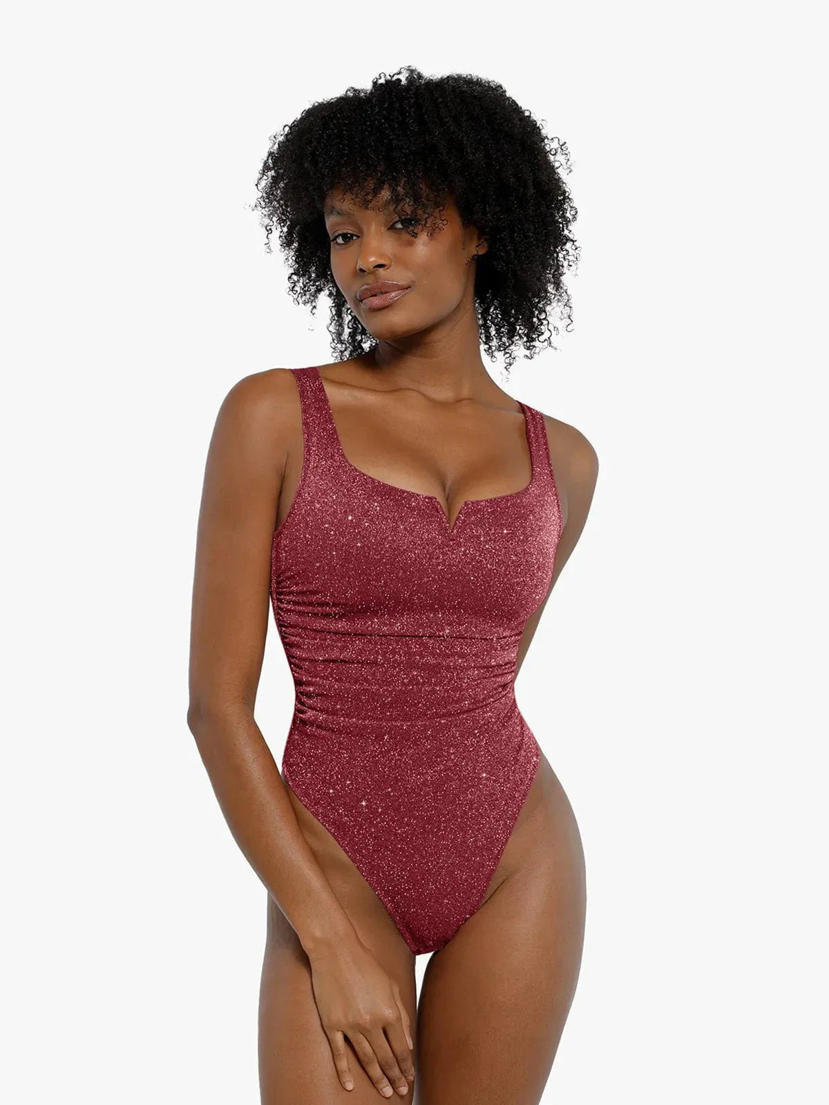 DALIA - Shapewear Ruched Metallic Knit Square Neck Slimming Bodysuit