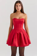 DALIA - Red Satin Detachable Bow Mini Dress - Red