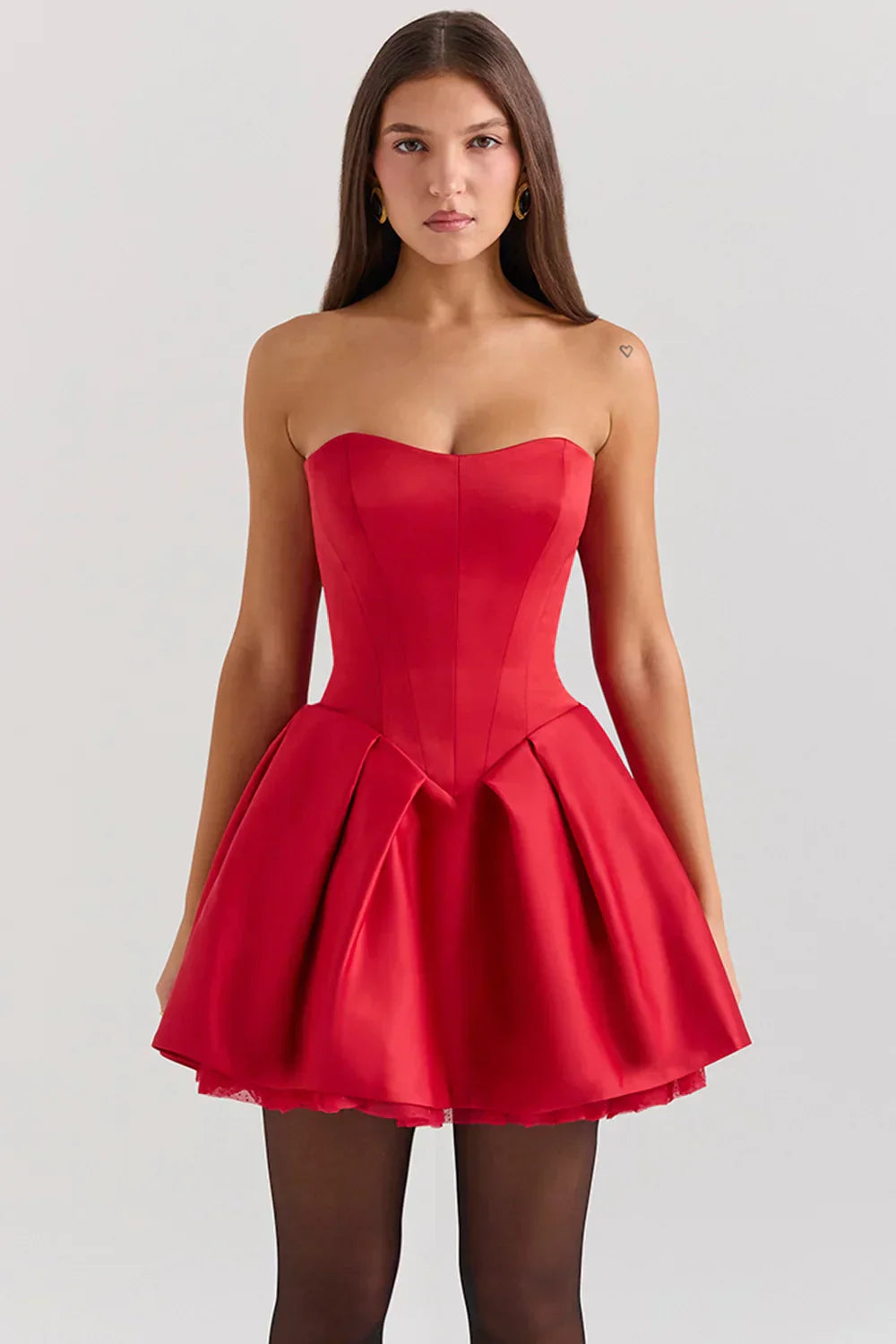 DALIA - Red Satin Detachable Bow Mini Dress - Red