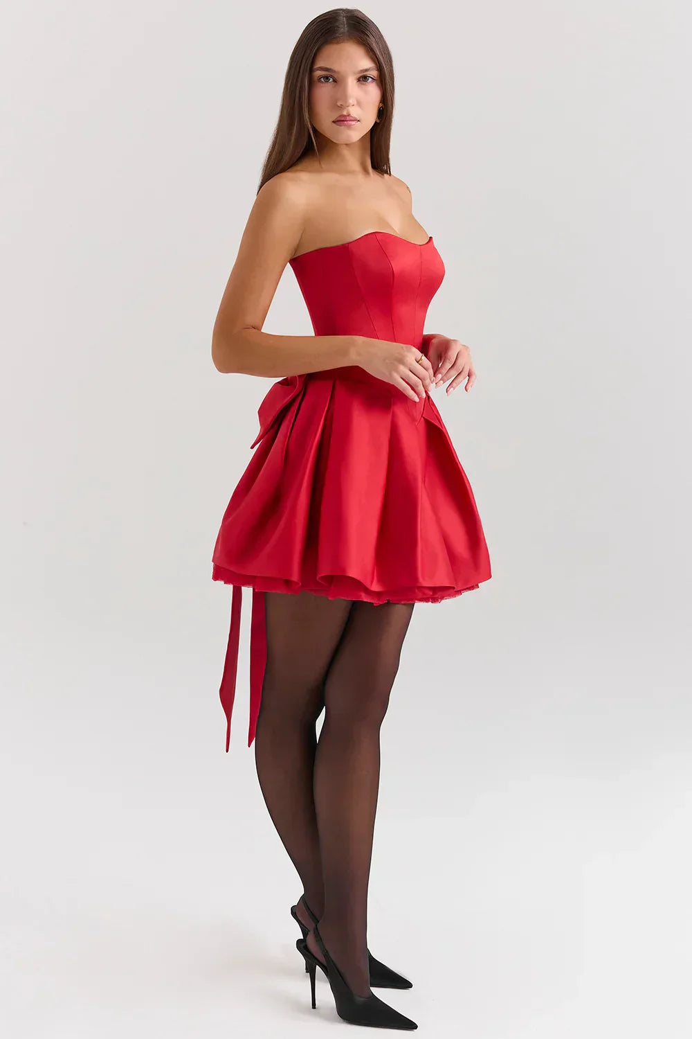 DALIA - Red Satin Detachable Bow Mini Dress - Red
