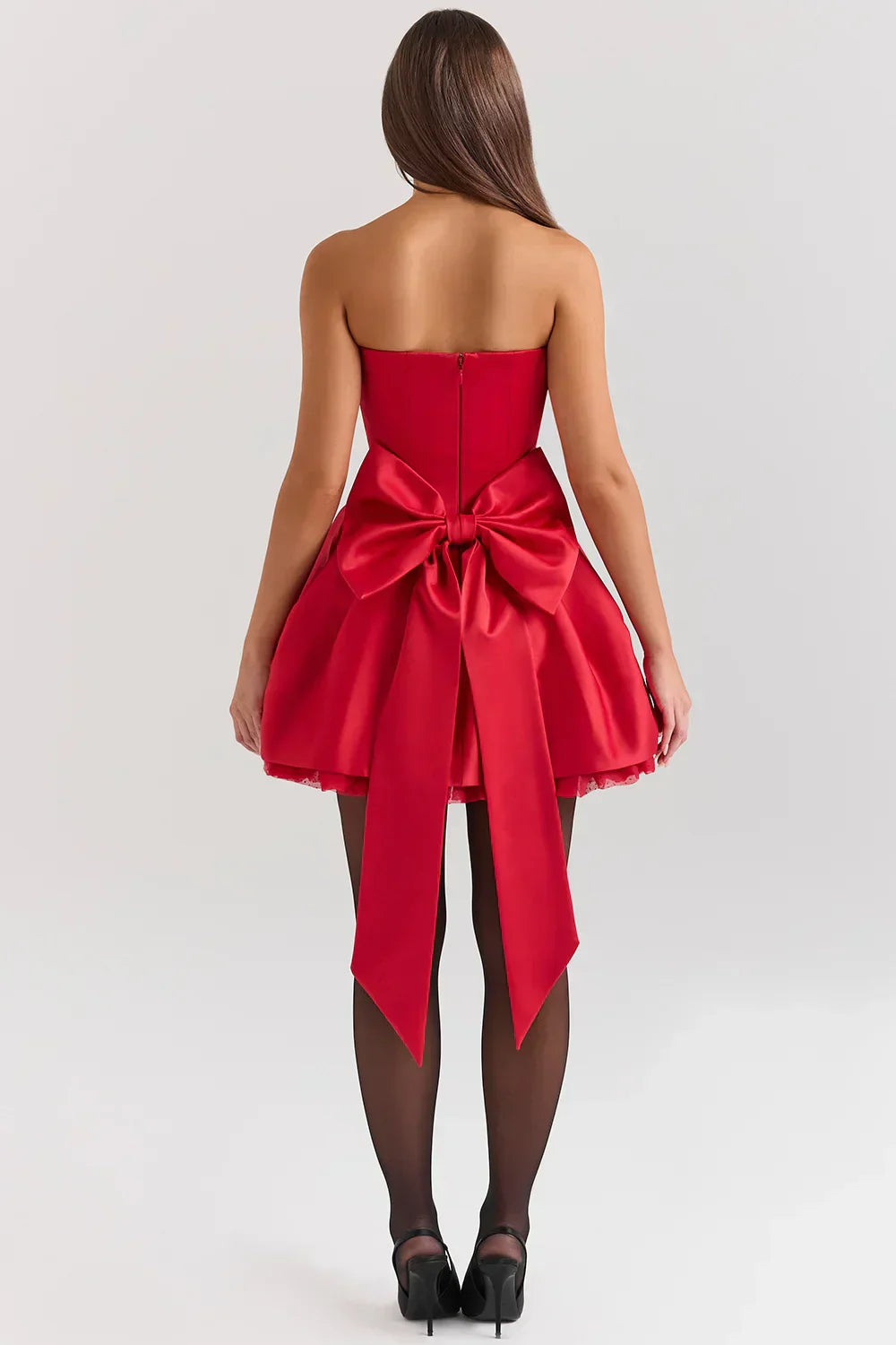 DALIA - Red Satin Detachable Bow Mini Dress - Red