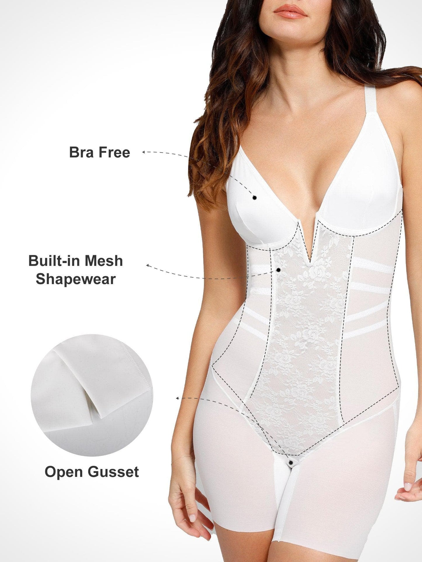 DALIA - Shapewear Lace Deep V-Neck Tummy Control Mid-Thigh Bodysuit