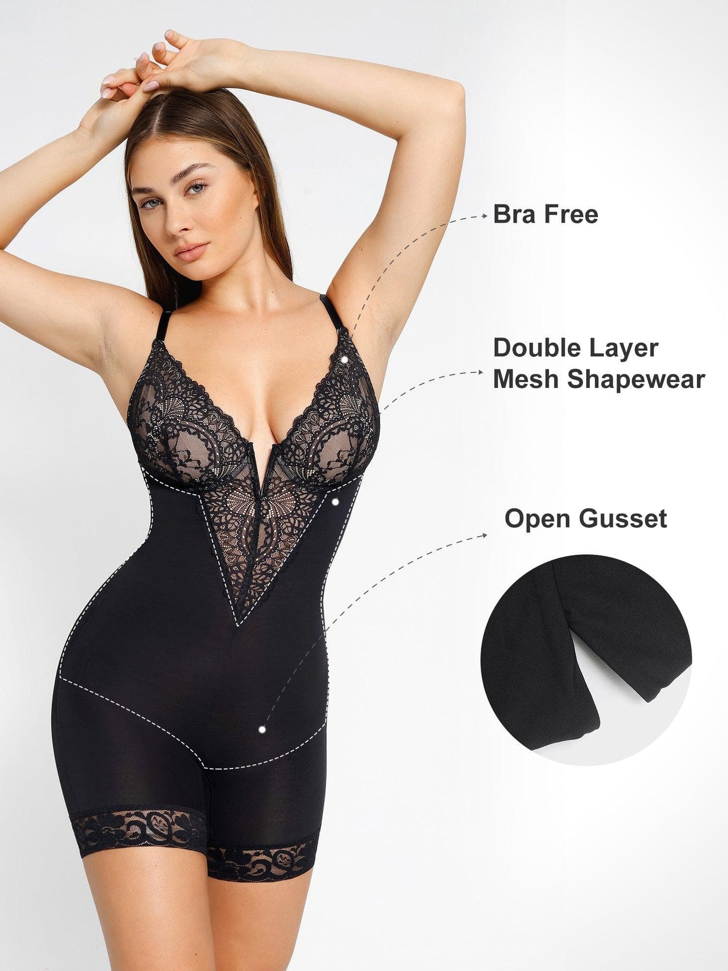 DALIA - Shapewear Lace Deep-V Neck Bodysuits or Faux Leather Skirts