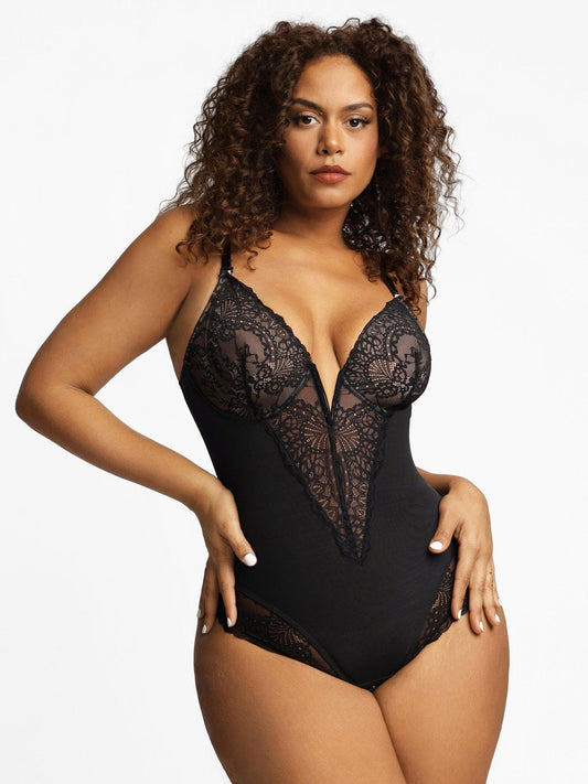 DALIA - Shapewear Lace Deep-V Neck Bodysuits or Faux Leather Skirts