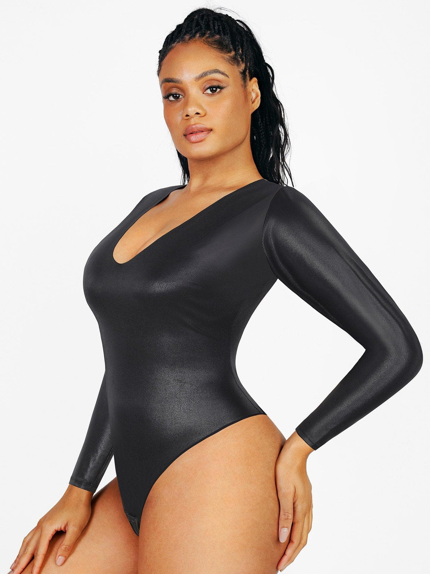 DALIA - Shapewear Long Sleeve Faux Leather V-Neck Sculpting Bodysuit