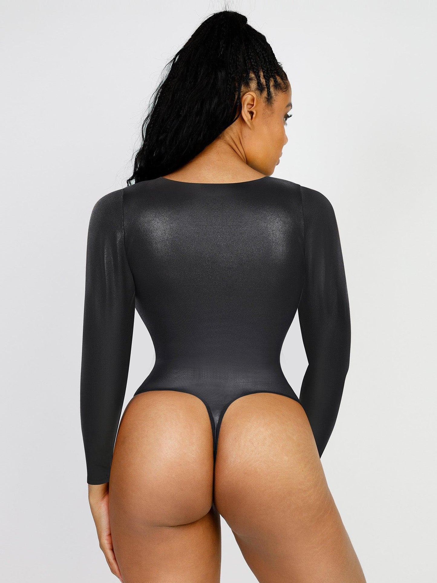 DALIA - Shapewear Long Sleeve Faux Leather V-Neck Sculpting Bodysuit