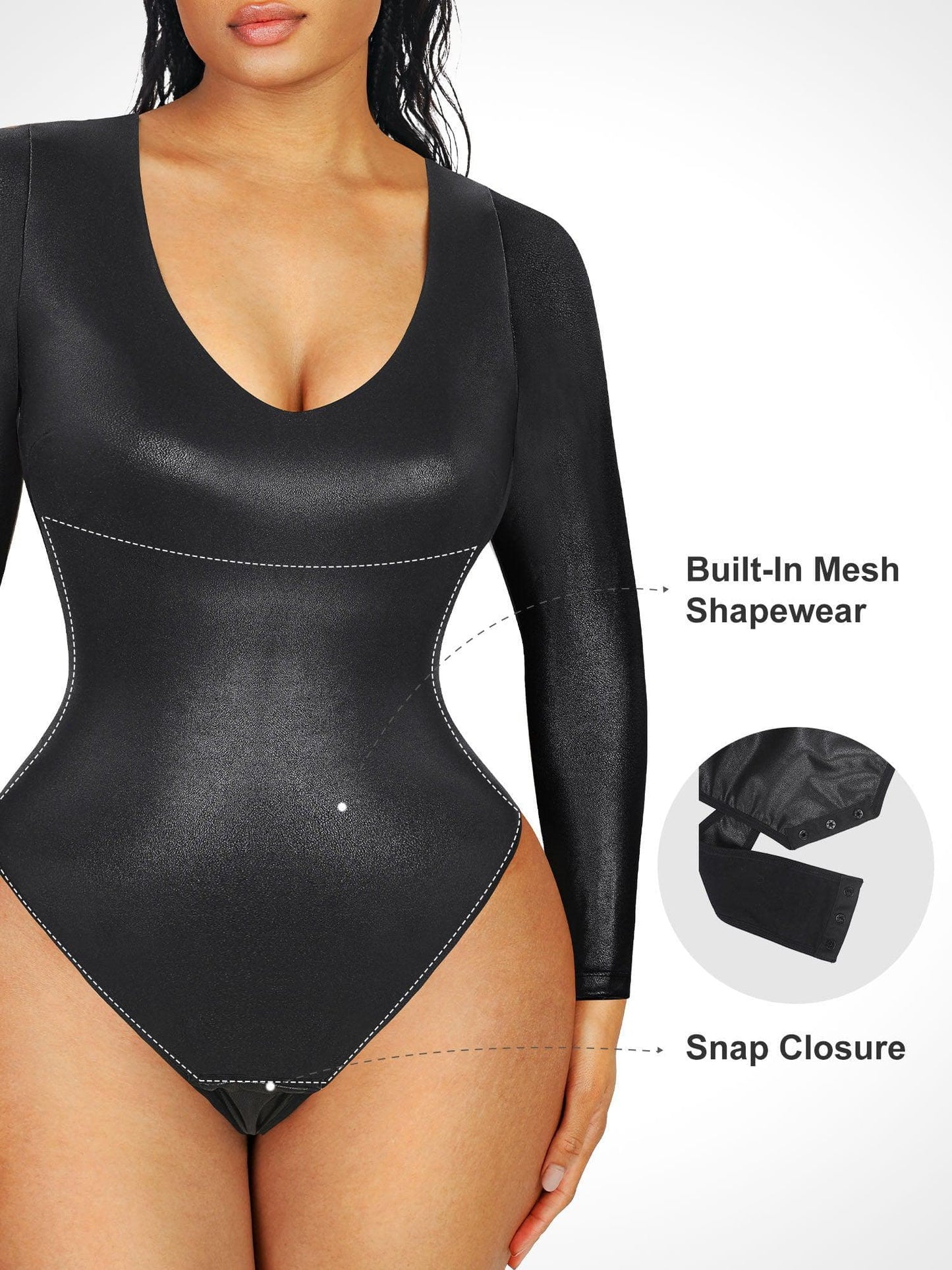 DALIA - Shapewear Long Sleeve Faux Leather V-Neck Sculpting Bodysuit