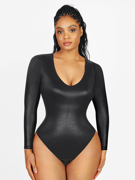 DALIA - Shapewear Long Sleeve Faux Leather V-Neck Sculpting Bodysuit