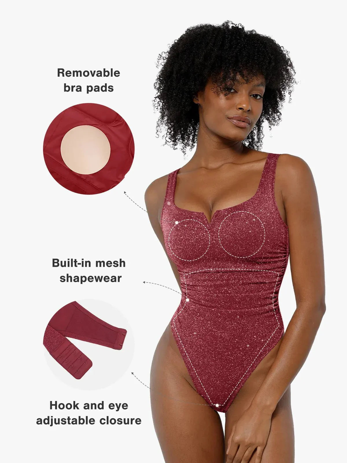 DALIA - Shapewear Ruched Metallic Knit Square Neck Slimming Bodysuit