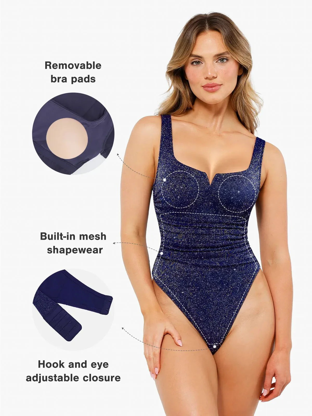 DALIA - Shapewear Ruched Metallic Knit Square Neck Slimming Bodysuit