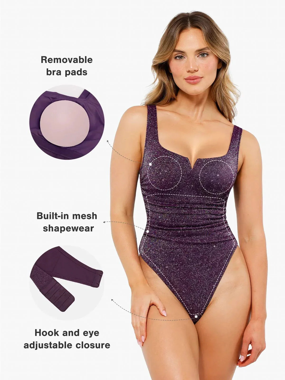 DALIA - Shapewear Ruched Metallic Knit Square Neck Slimming Bodysuit