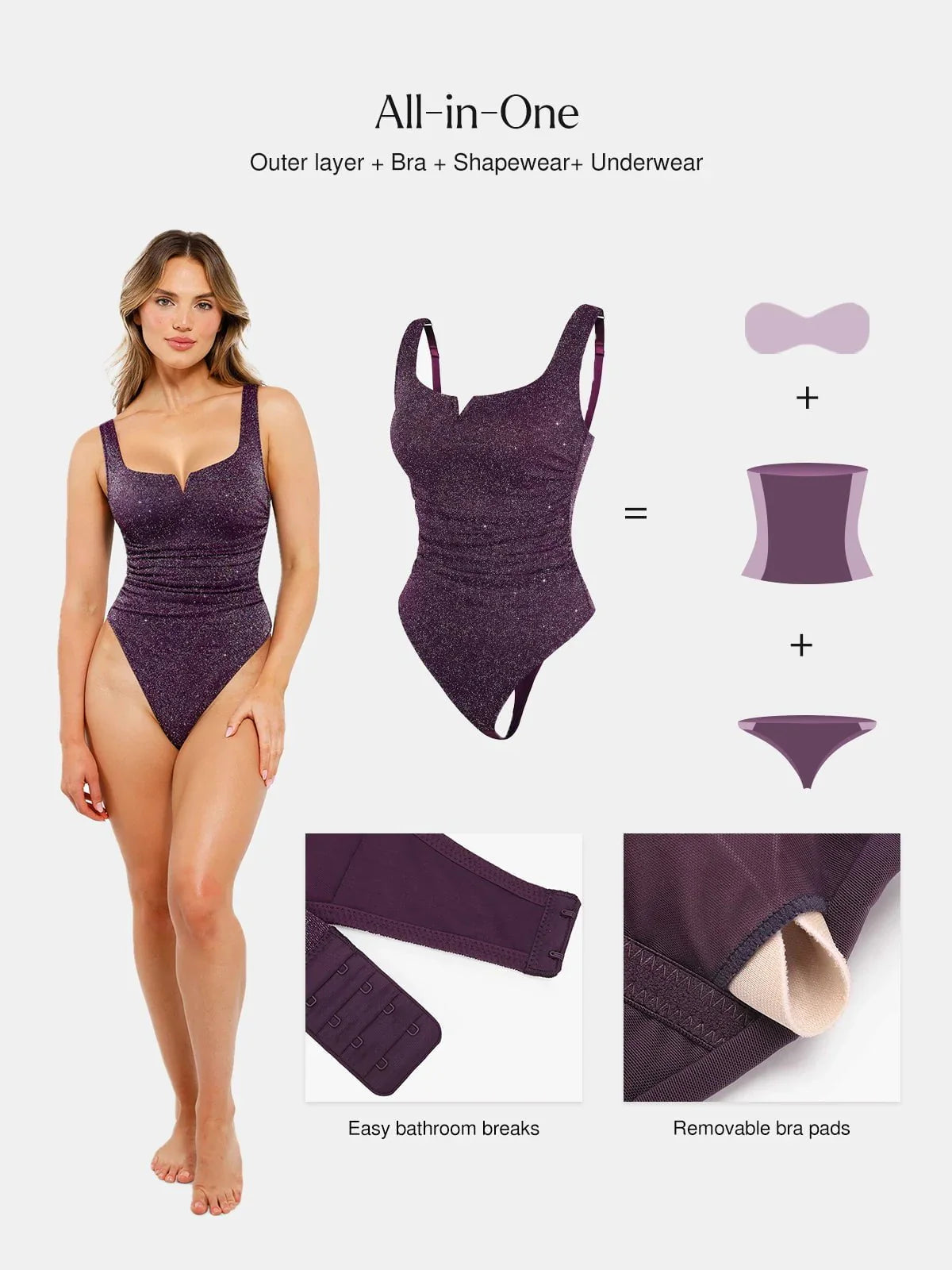 DALIA - Shapewear Ruched Metallic Knit Square Neck Slimming Bodysuit