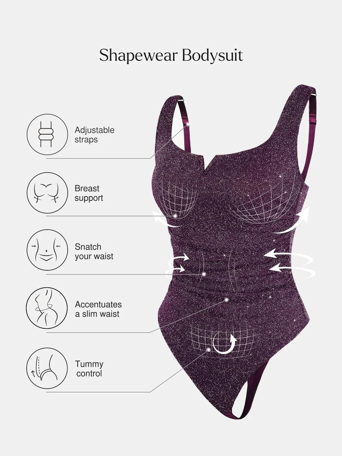 DALIA - Shapewear Ruched Metallic Knit Square Neck Slimming Bodysuit