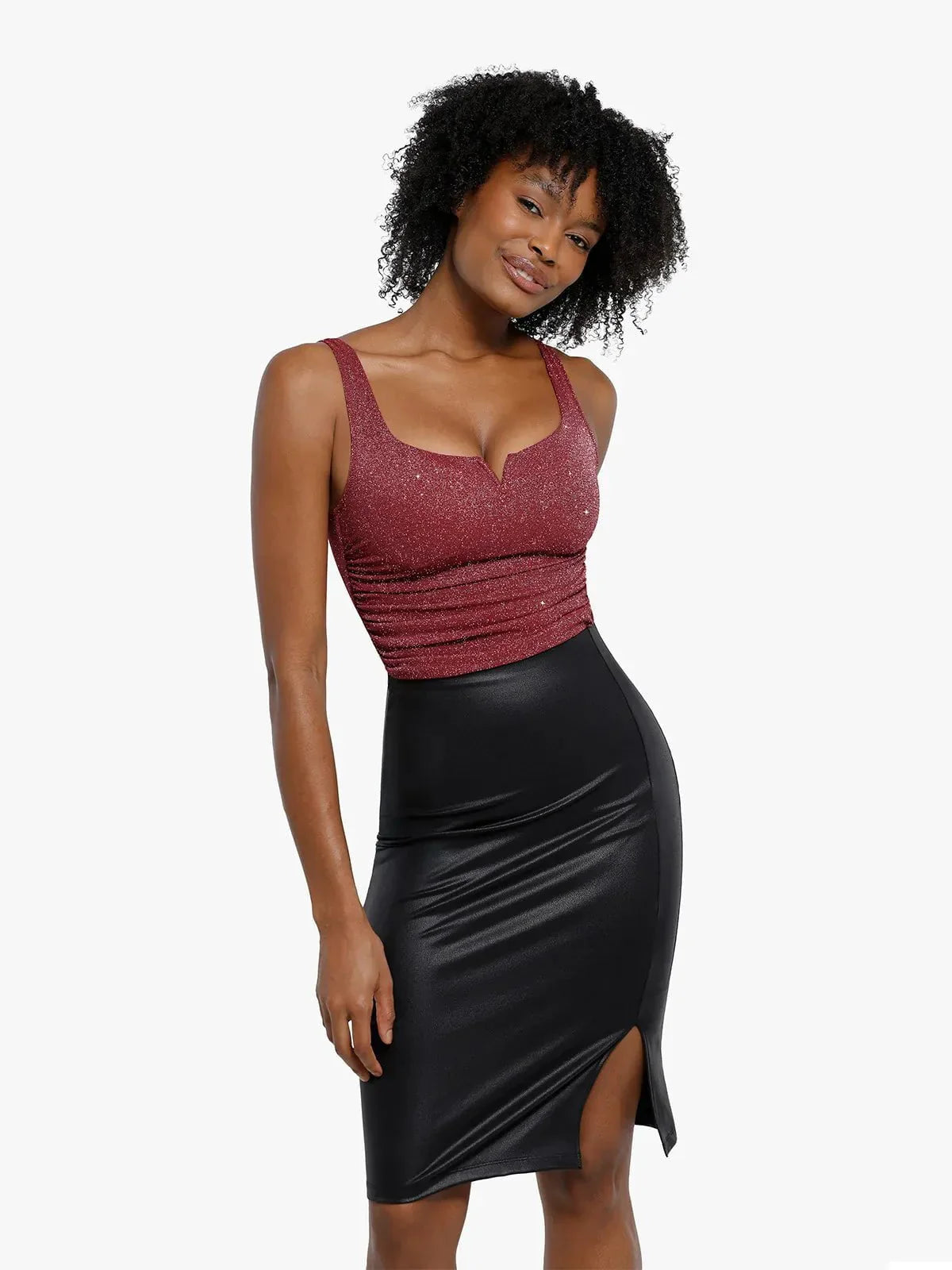 DALIA - Shapewear Ruched Metallic Knit Square Neck Slimming Bodysuit