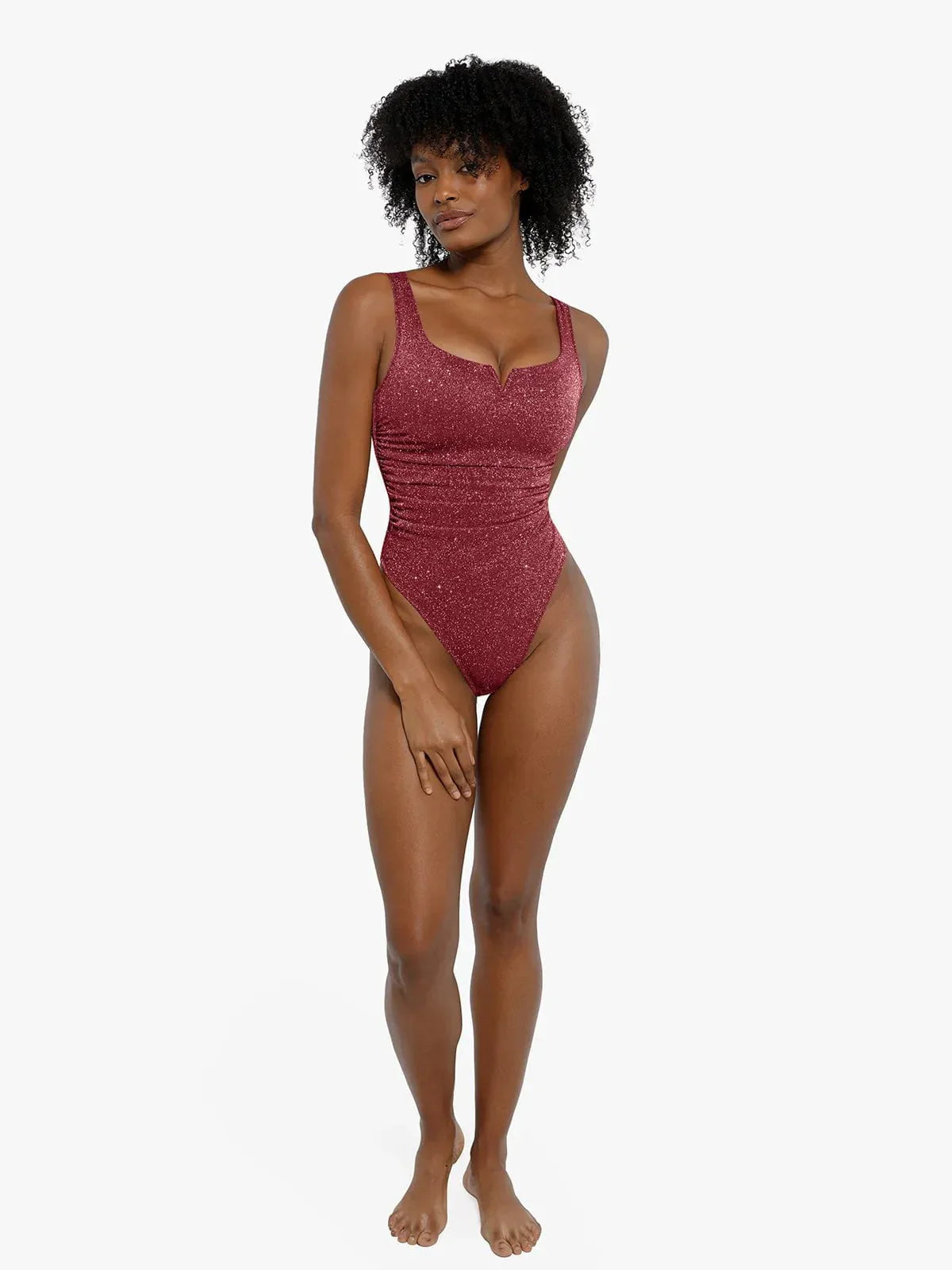 DALIA - Shapewear Ruched Metallic Knit Square Neck Slimming Bodysuit