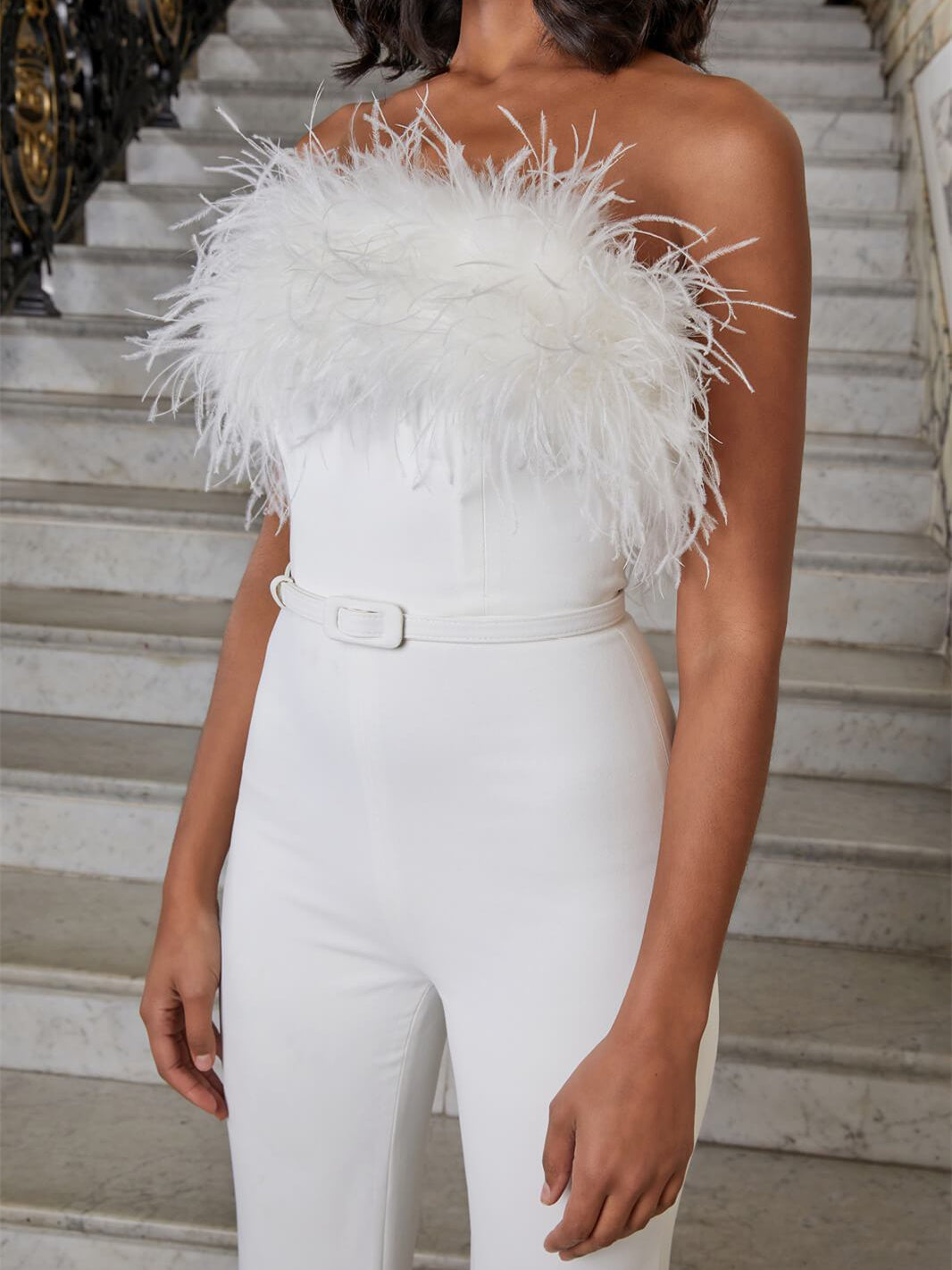 DALIA - Elegant Feather Trim Strapless Jumpsuit - White