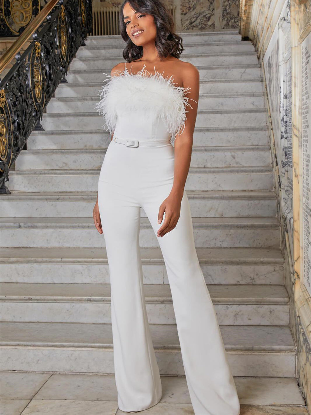 DALIA - Elegant Feather Trim Strapless Jumpsuit - White