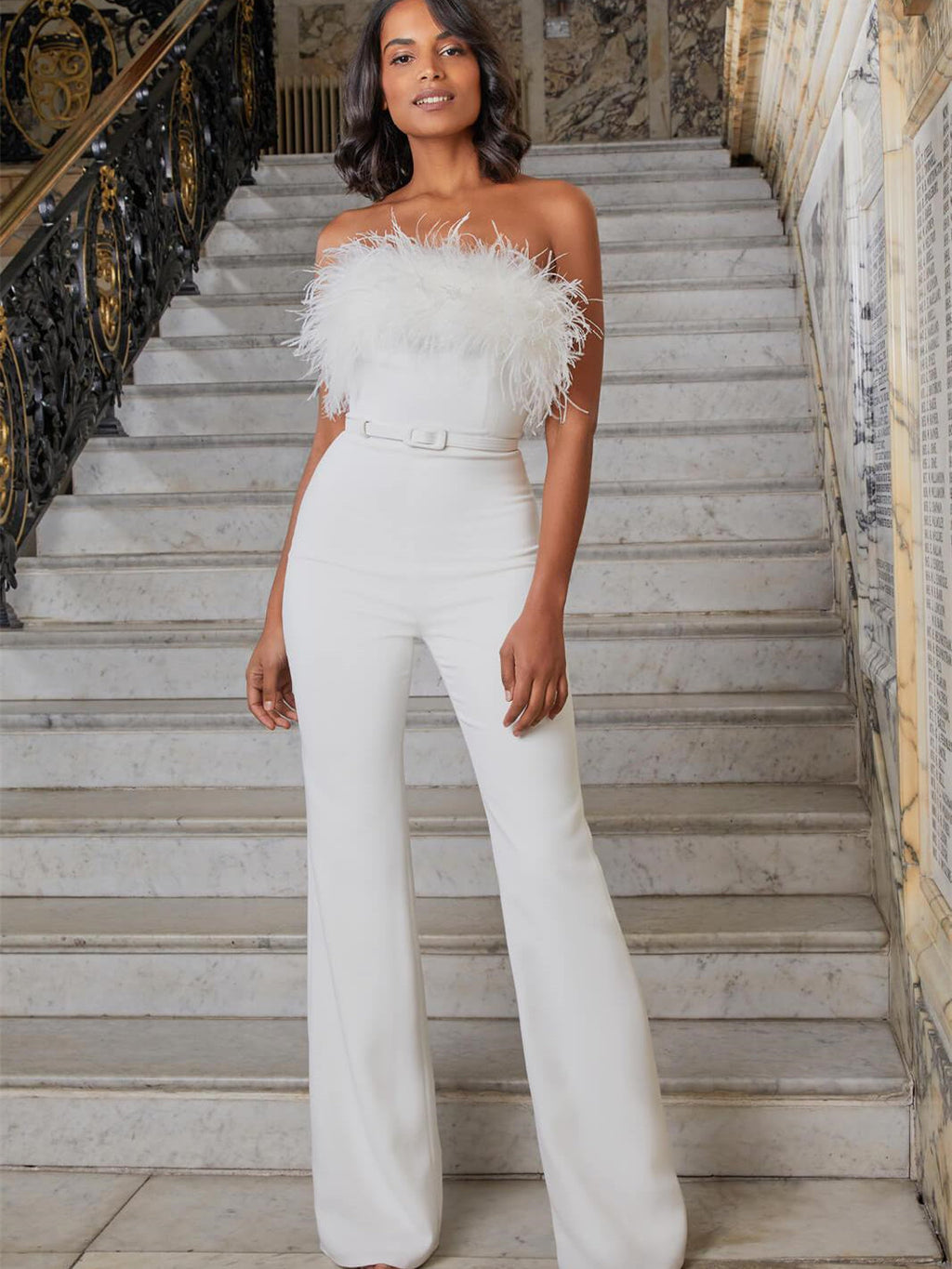 DALIA - Elegant Feather Trim Strapless Jumpsuit - White
