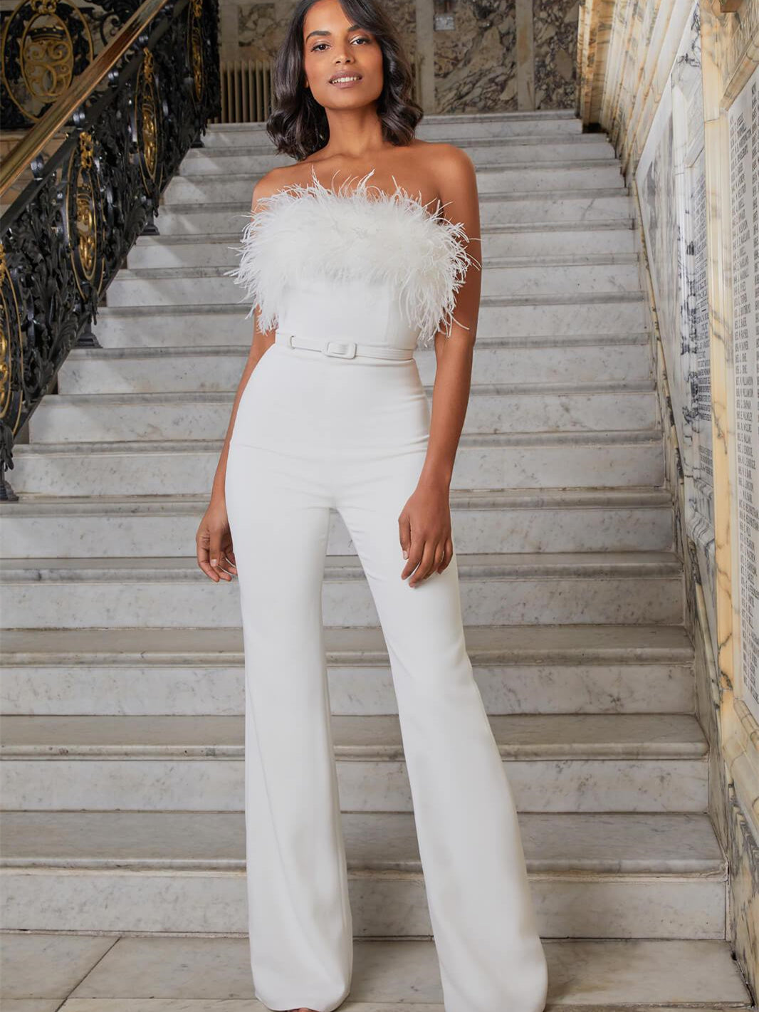 DALIA - Elegant Feather Trim Strapless Jumpsuit - White