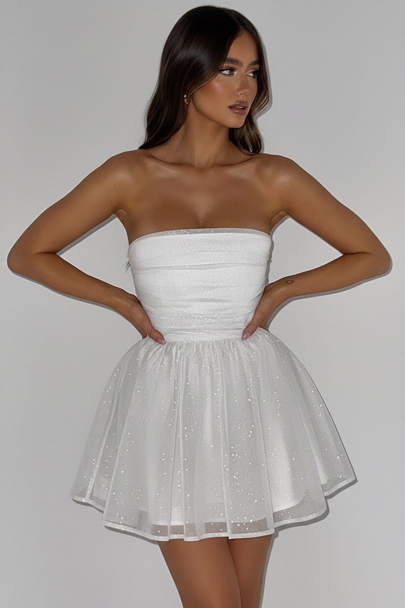 DALIA - Glitter Strapless Mini Dress - White