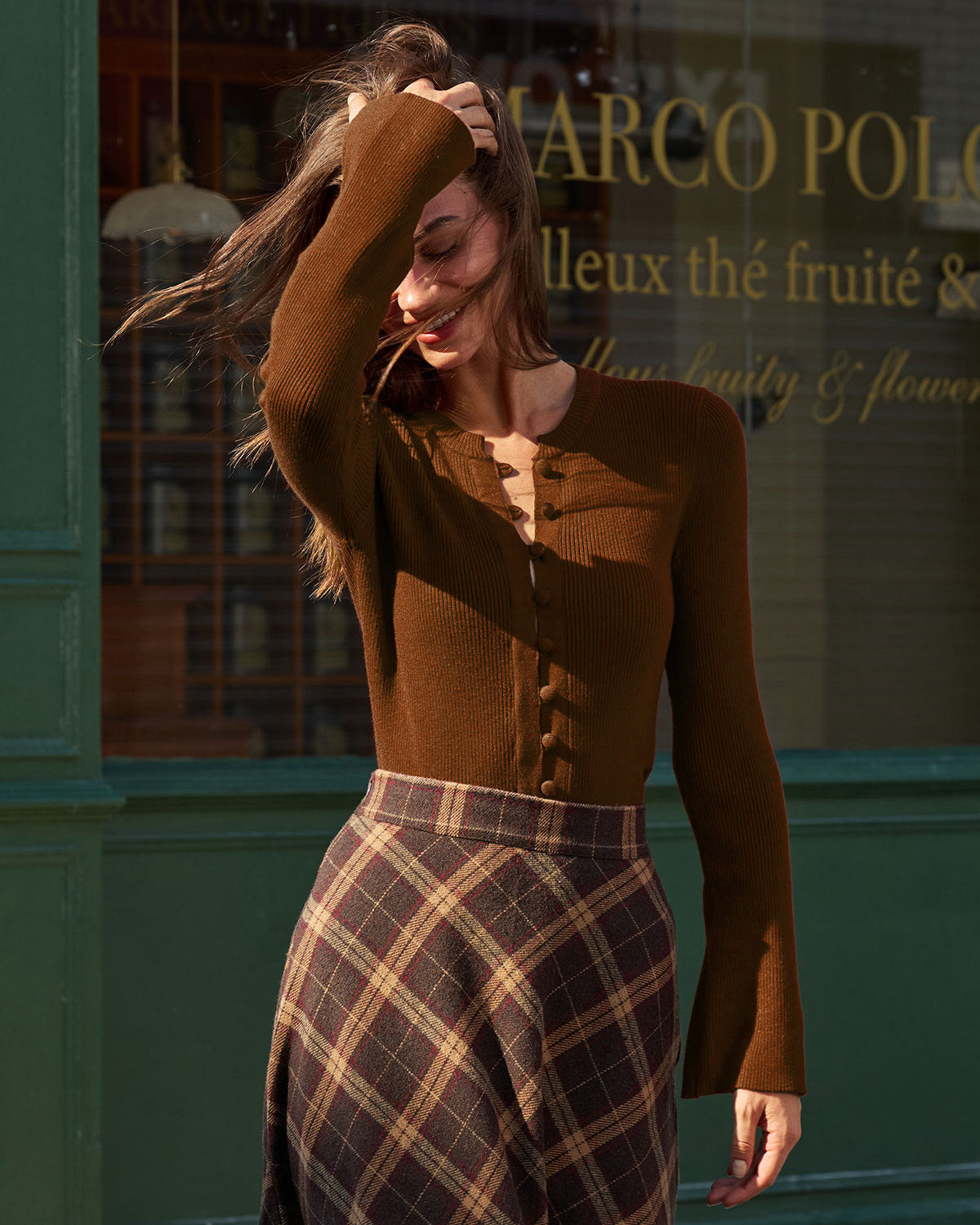 DALIA - Brown Bell Sleeve Button Sweater