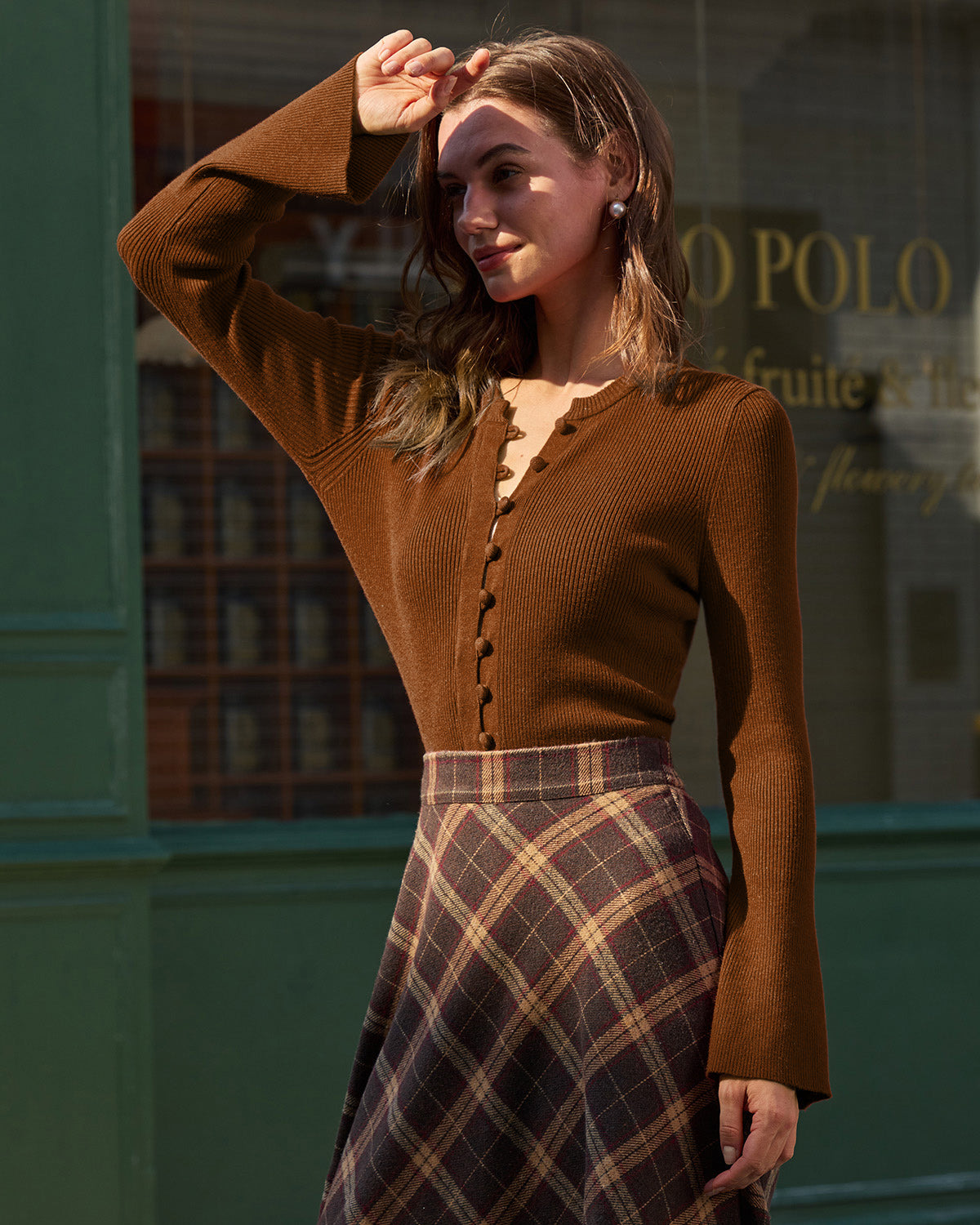 DALIA - Brown Bell Sleeve Button Sweater