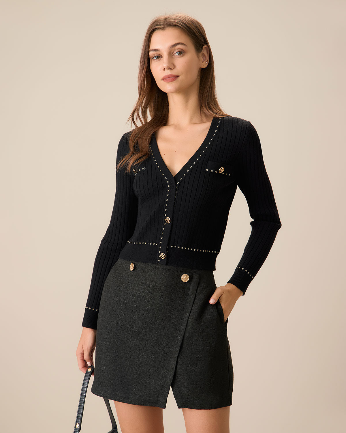 DALIA - Czarny kontrastowy kardigan jednorzędowy