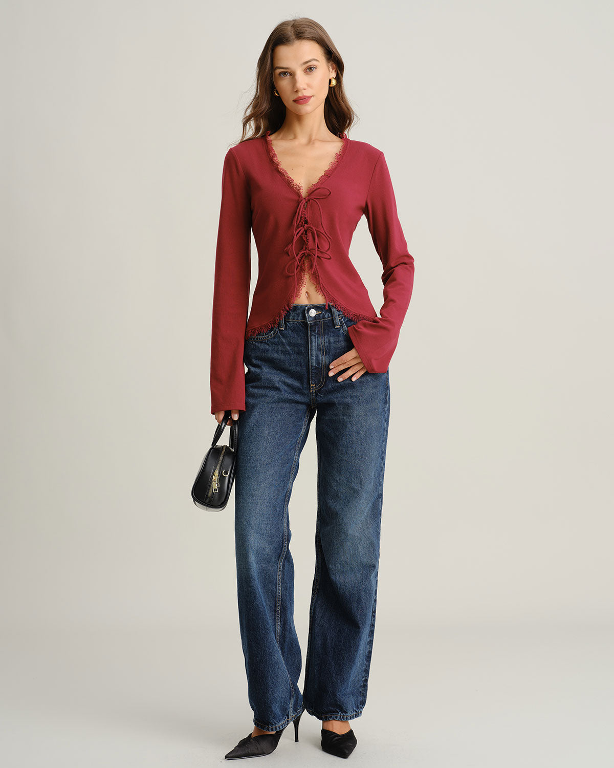 DALIA - Czerwony kardigan z dekoltem w serek i wiązaniem z przodu