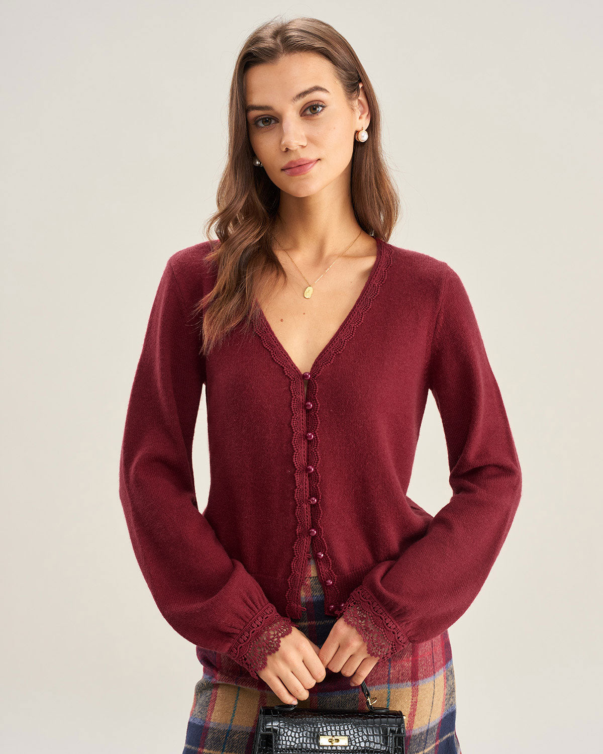 DALIA - Red V Neck Lace Trim Knit Cardigan