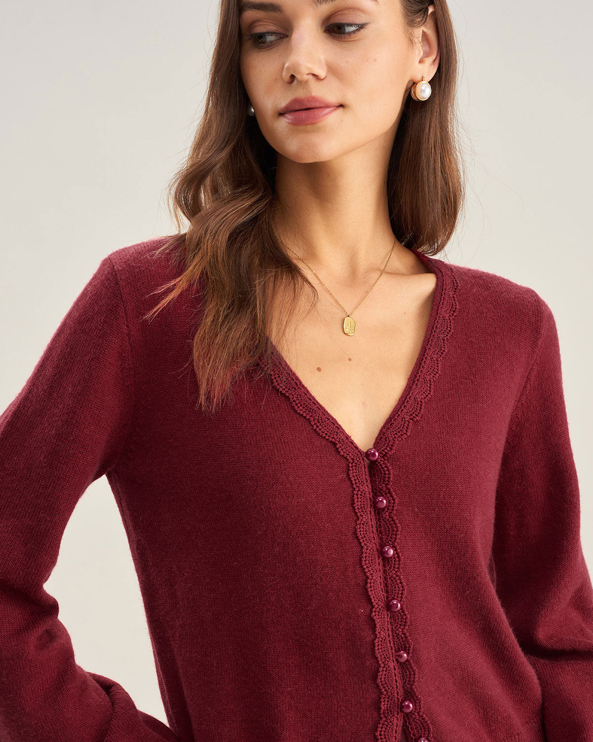 DALIA - Red V Neck Lace Trim Knit Cardigan