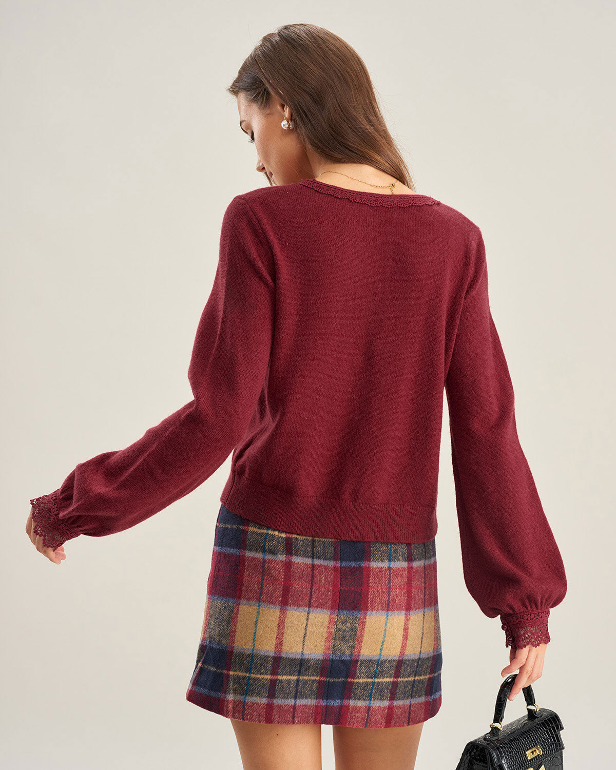 DALIA - Red V Neck Lace Trim Knit Cardigan