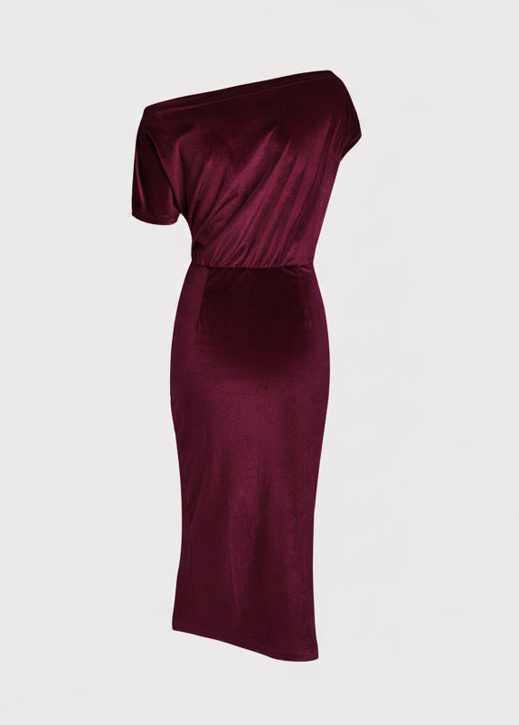 DALIA - Red Sleeveless One Shoulder Velour Midi Dress