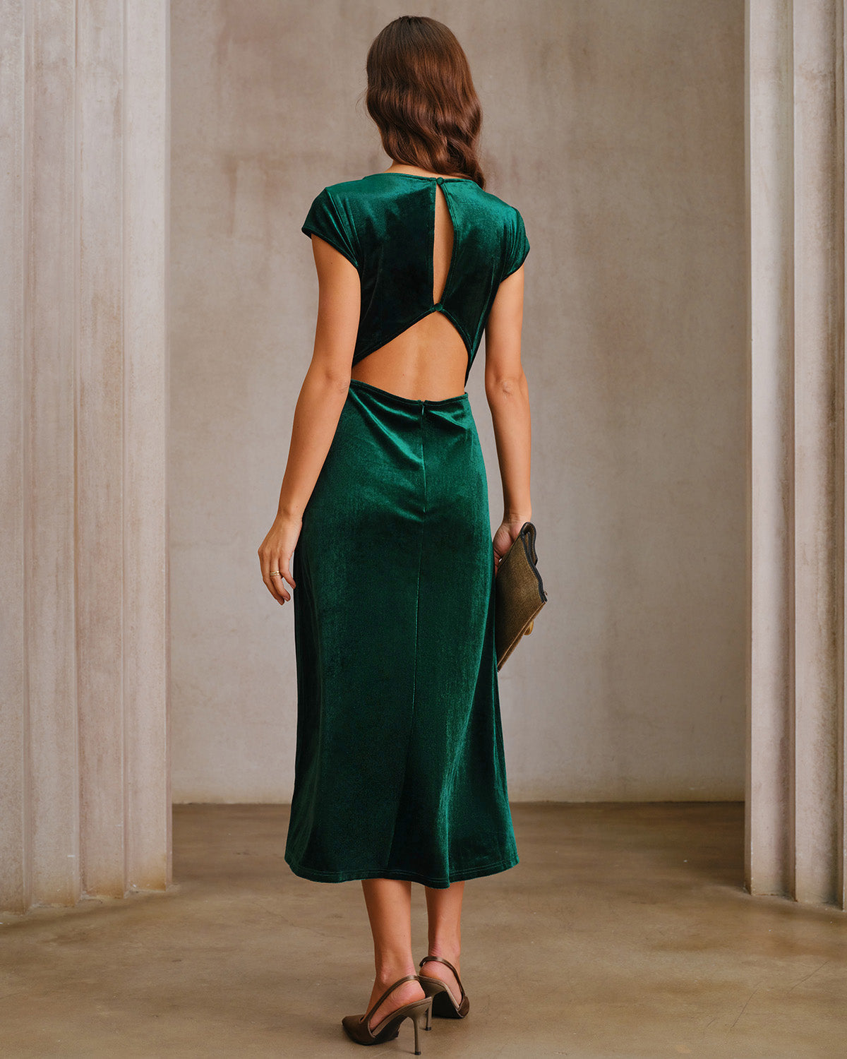 Green Velour A-Line Midi Dress