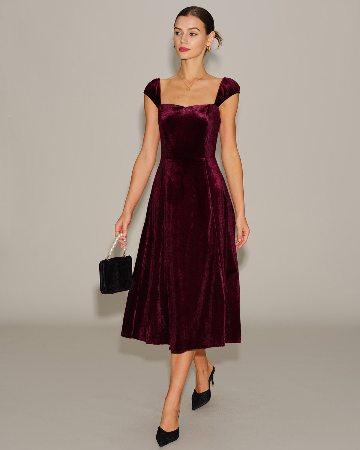 Red Velour Sweetheart Neck Midi Dress