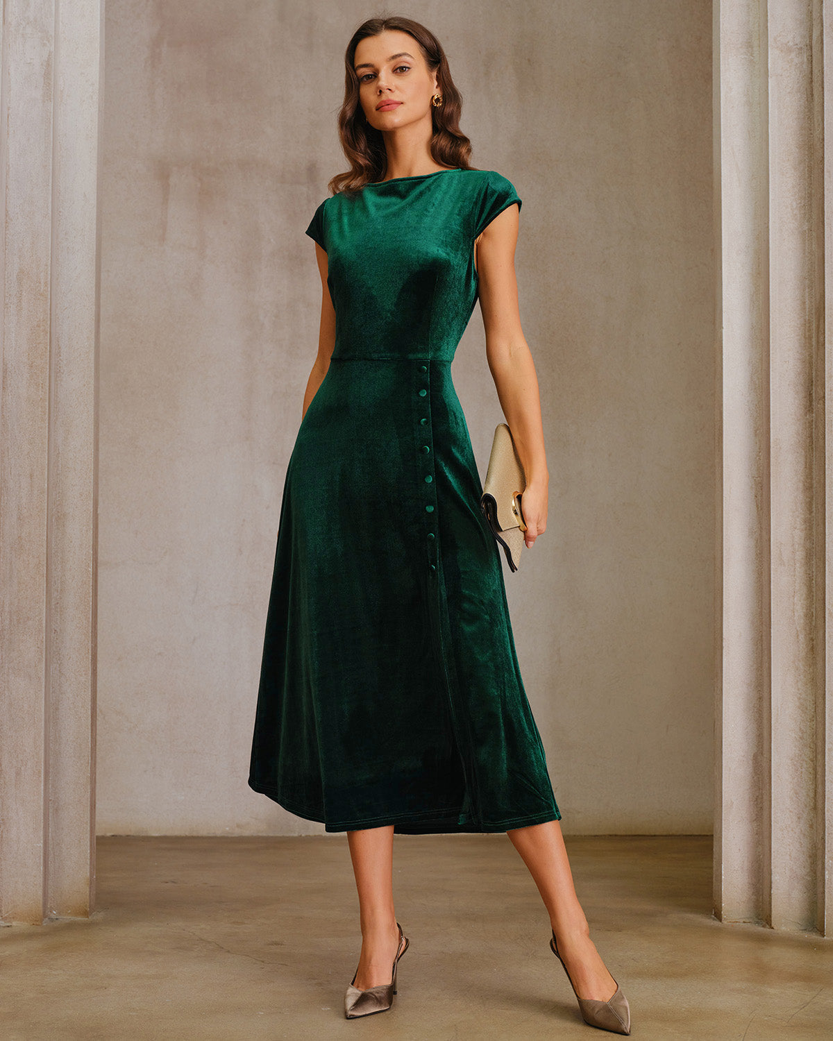 Green Velour A-Line Midi Dress