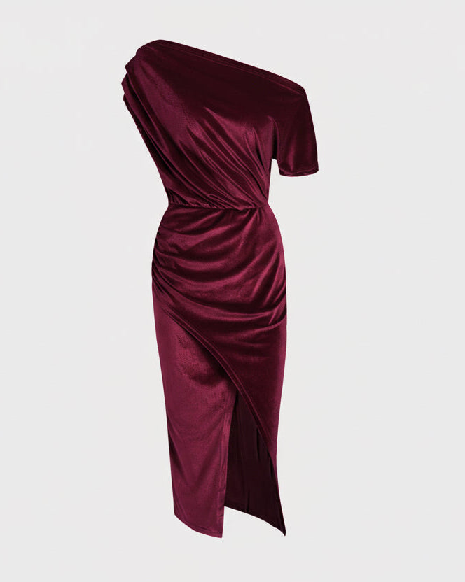 DALIA - Red Sleeveless One Shoulder Velour Midi Dress