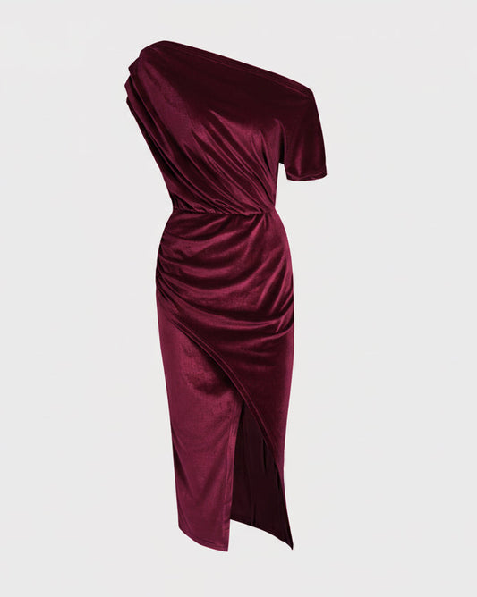DALIA - Red Sleeveless One Shoulder Velour Midi Dress