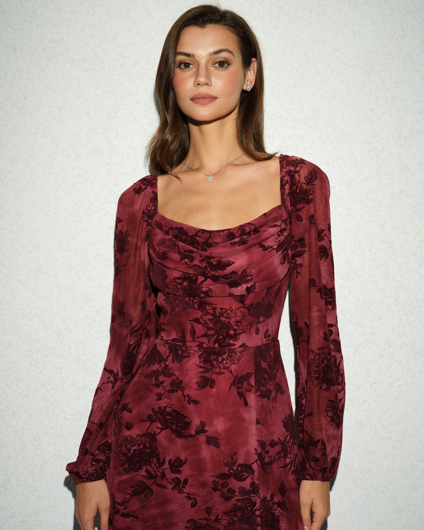 DALIA - Wine Red Cowl Neck Floral Mini Dress
