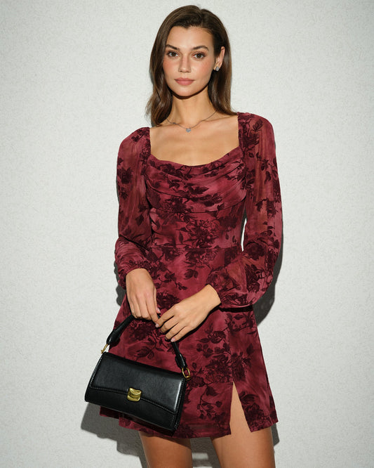 DALIA - Wine Red Cowl Neck Floral Mini Dress
