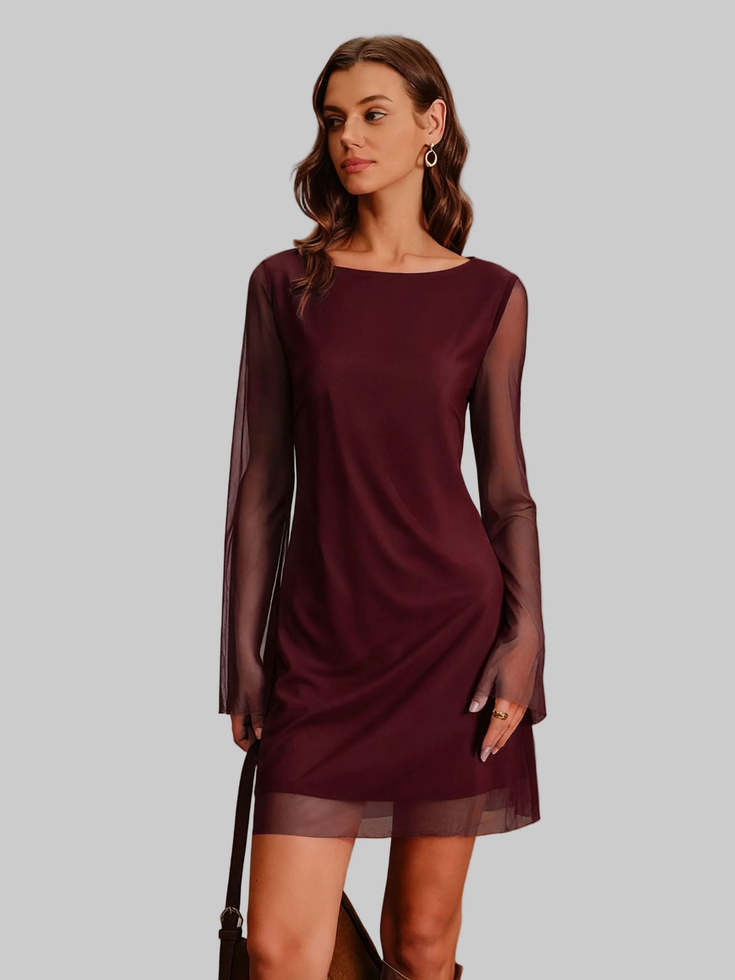 DALIA - Wijnrode mini-jurk van mesh met boothals