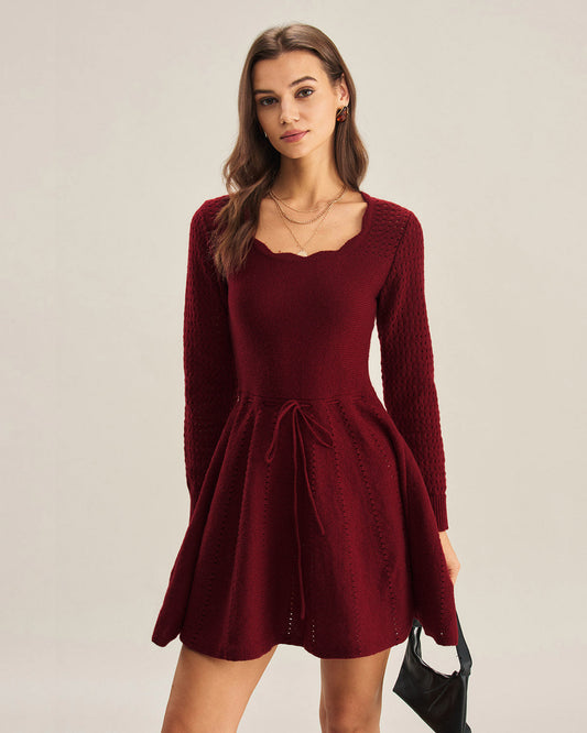DALIA - Wine Red A-Line Sweater Dress