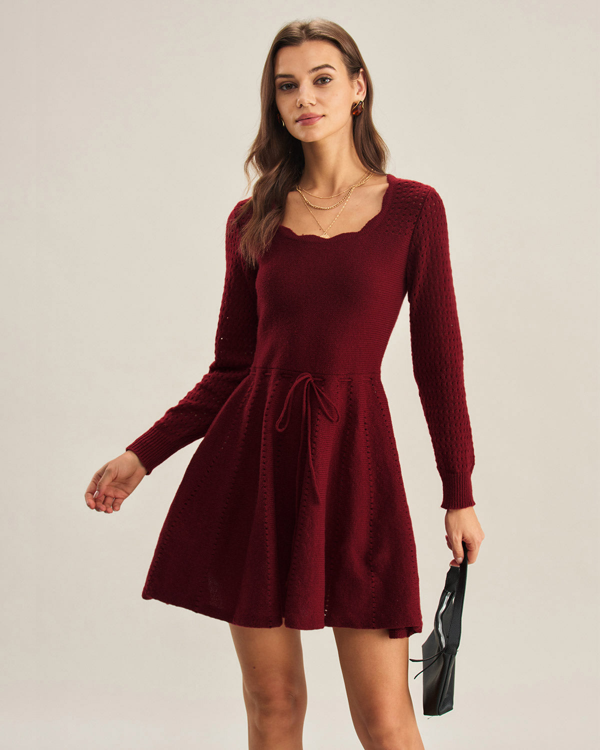 DALIA - Wine Red A-Line Sweater Dress