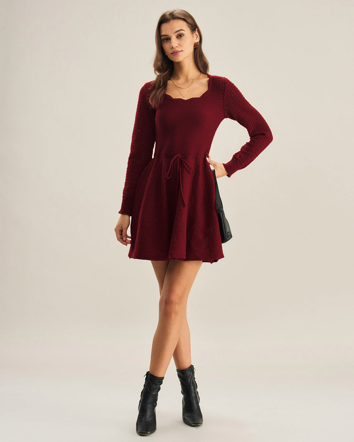 DALIA - Wine Red A-Line Sweater Dress